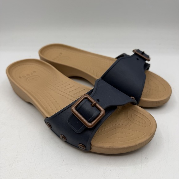CROCS Shoes - Crocs Sarah Sandals Womens Sz 6 Beige/Navy Blue Slip On Slides Buckle 203054
